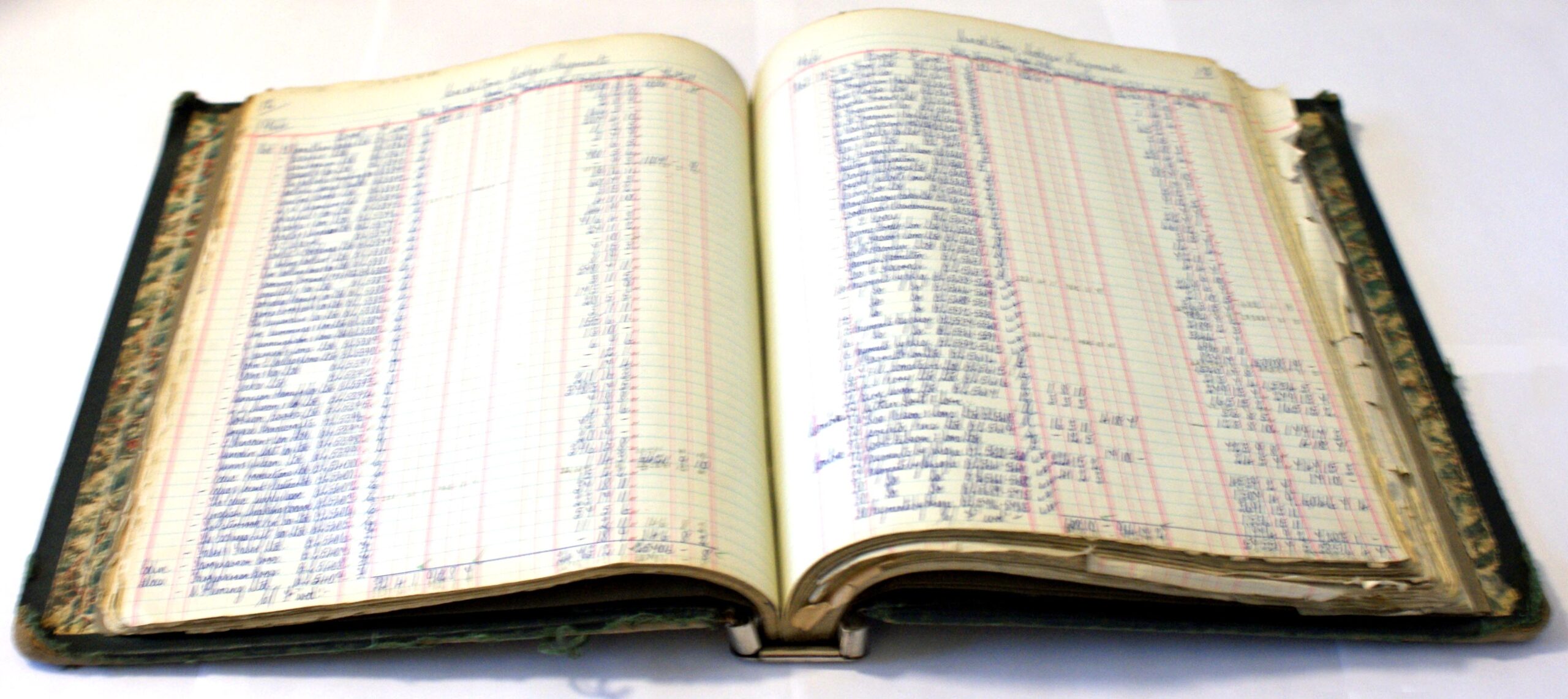 Open creditor’s ledger with handwritten entries arranged in ruled accounting columns across two pages.